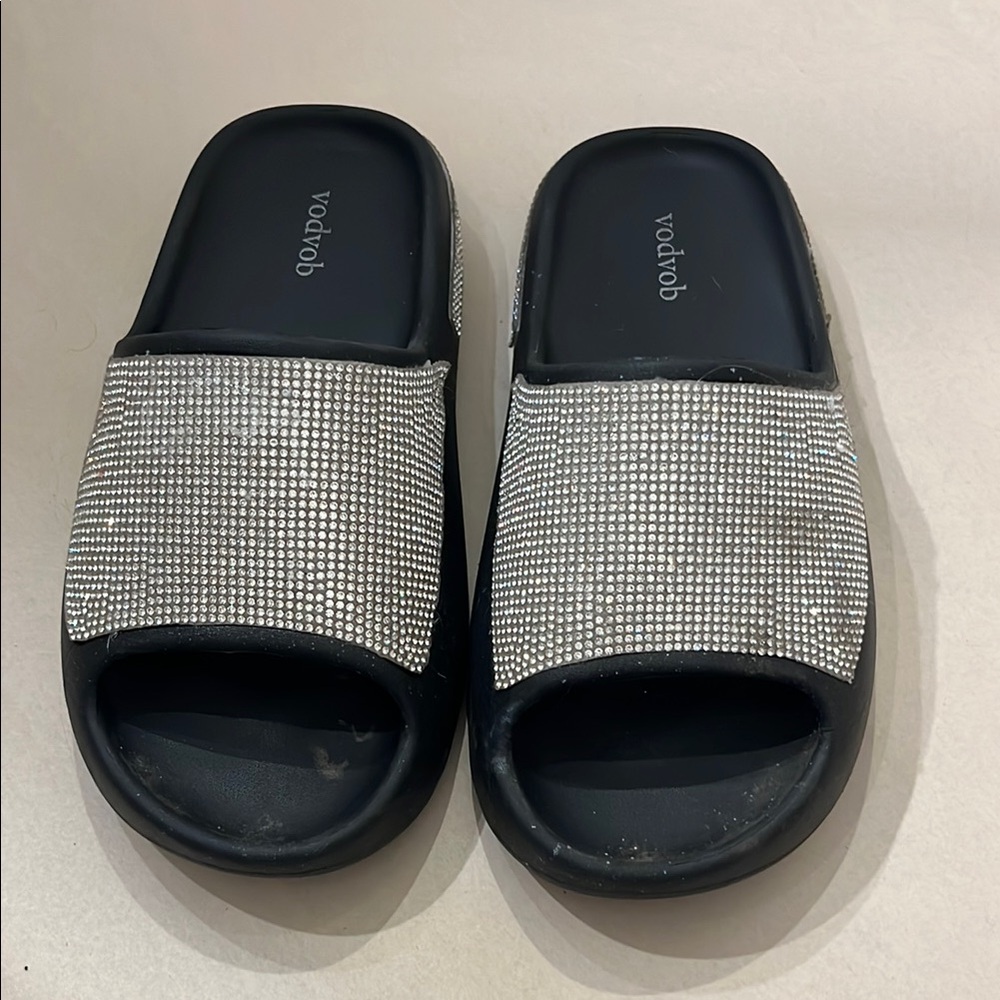 Women's Black and Silver Slide Sandals